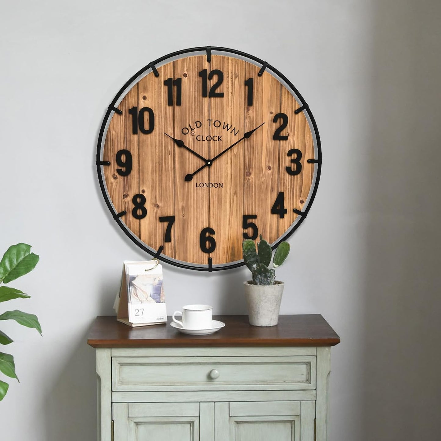 Large Old Town Farmhouse Wall Clock 20 Inches - Rustic Antique Wood with Metal Circle and Large Numerals Silent Battery Operated Wall Clock for Office Kitchen Bedroom Living Room