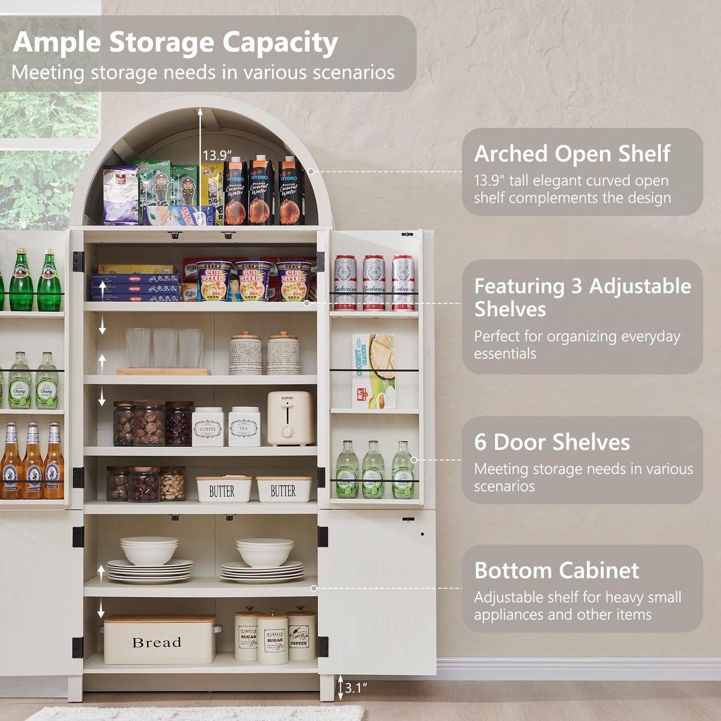 71" Tall Arched Bathroom Storage Cabinet, Modern Fluted Storage Cabinet w/Doors, 3 Adjustable Shelves, 6 Door Shelves, Wood Freestanding Cabinet for Bathroom, Entryway, Hallway, Antique White