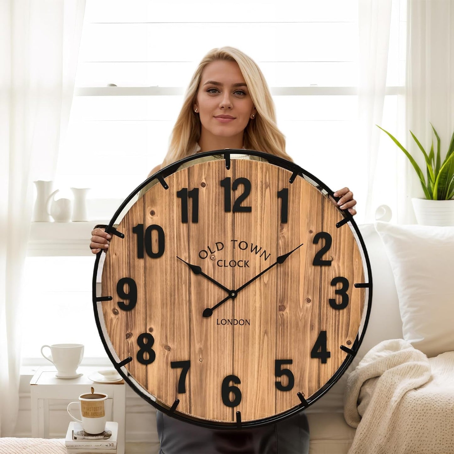 Large Old Town Farmhouse Wall Clock 30 Inches Rustic Antique Wood with Metal Circle and Large Numerals Silent Battery Operated Wall Clock for Office Kitchen Bedroom Living Room