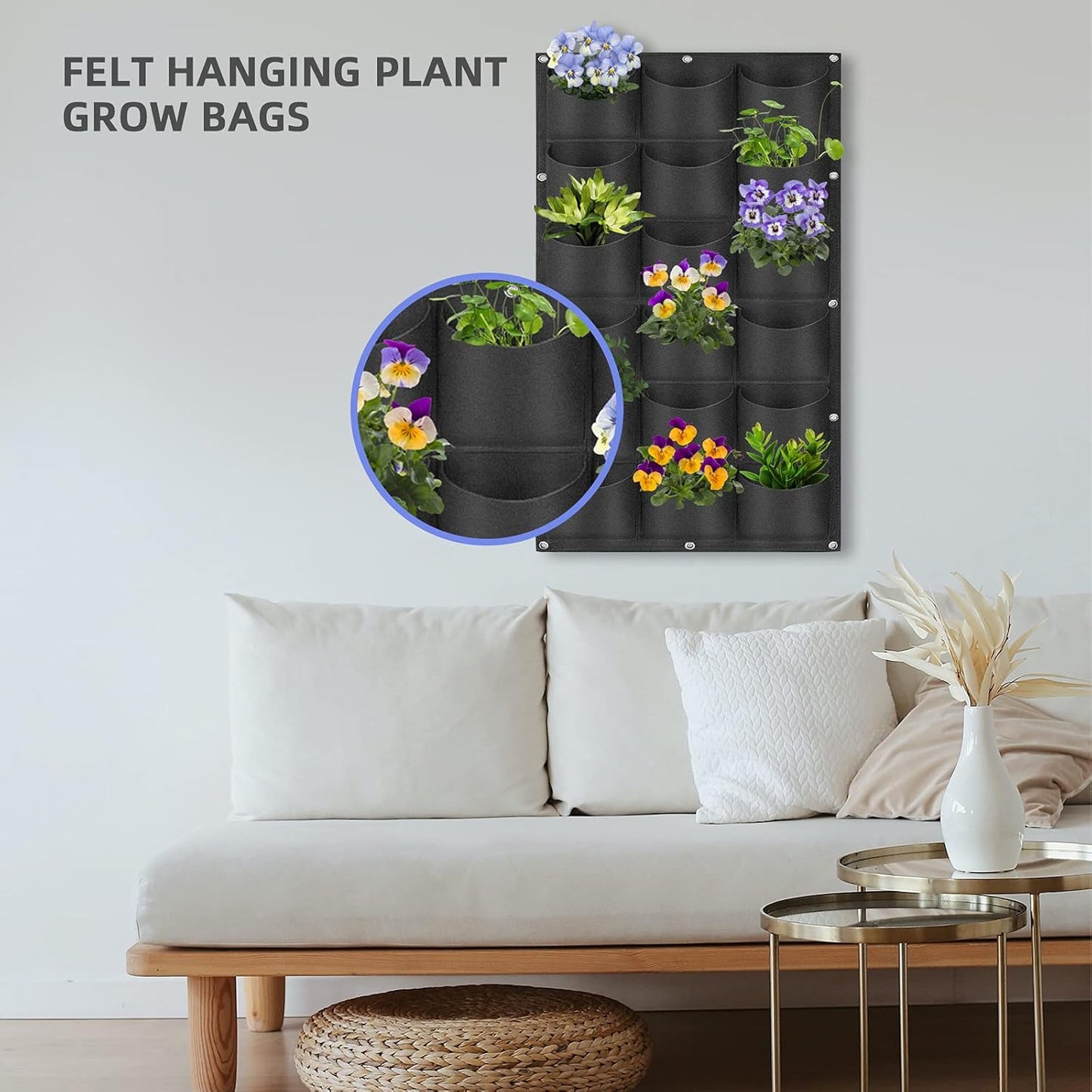 18 Pockets Hanging Planter Bags, Hanging Vertical Wall Mounted Plant Planting Grow Bags, Herb Garden Planter Outdoor Indoor Growing Bag, Gardening Vertical Greening Flower Container(1m×0.5m, Black)