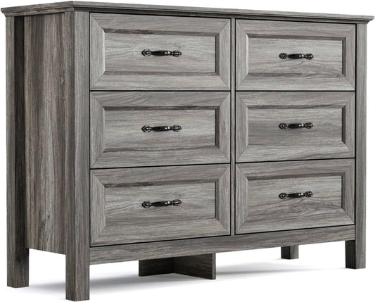 LINSY HOME Farmhouse 6-Drawer Dresser - Grey Chest of Drawers for Bedroom and Living Room Organization, Wood Dresser with Ample Storage Space and Rustic Charm