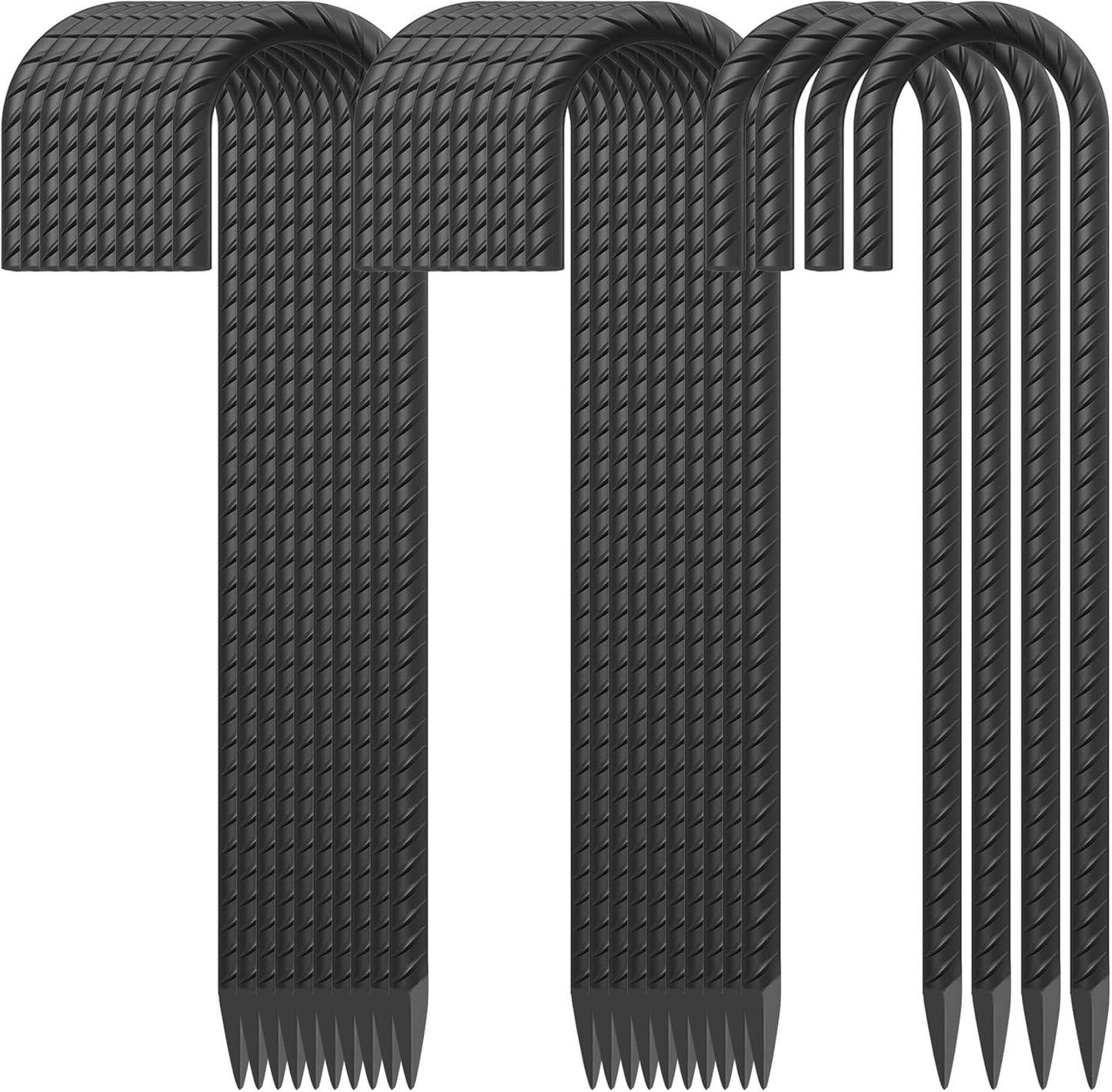 16 Inch Rebar Ground Stakes 24 Pack Heavy Duty J Hook Ground Anchors 3/8 Inch Diameter Steel Rebar Tent Stakes with Chisel Point End for Chain Link Fence, Canopy and Trampoline, Black