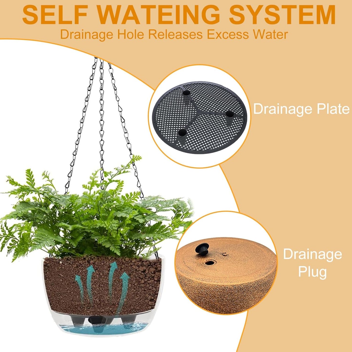2 Packs Hanging Planters Basket for Outdoor Plants, Solar Powered Self Watering Bronze Round Plastic Flower Pots with Drainer for Balcony Patio Garden Outdoor Decoration