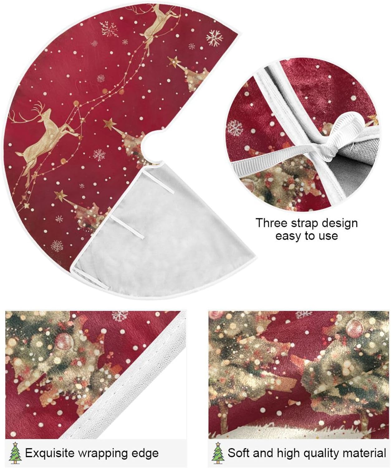 48 Inch Christmas Tree Skirt With Reindeer - Xmas Tree Mat for New Year Party Decorations