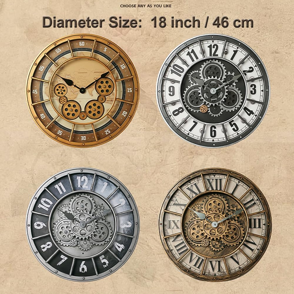 18 Inch Wall Clock with Moving Gears, Oversized Large Industrial Steampunk Decoration, Antique Metal Big Numeral Wall Clocks for Kitchen Study Room Living Room Decor (Industrial Metal Silver-White)
