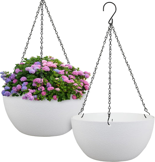 12 inch Large Hanging Planters for Indoor Outdoor Plants, 2 Pack Hanging Flower Pots with Drainage Holes and Chain for Garden Porch, Plastic Hanging Baskets for House Plants, White