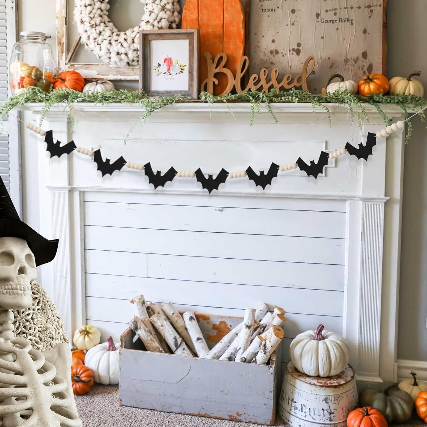 2 Packs Halloween Decorations Garland, Felt Bats Halloween Decor Banner with Wood Beads for Fireplace Mantel Fireplace Home Indoor