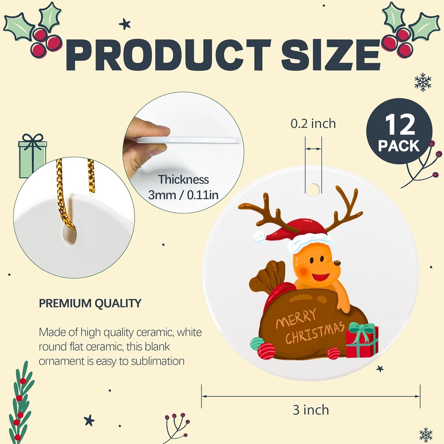 Joyclub 12 PCS 3'' Sublimation Ornament Blanks Ceramic Sublimation Christmas Ornaments Bulk Round White Ornaments for Personalized Xmas Tree Ornament Home Decor Heat Transfer DIY Crafts