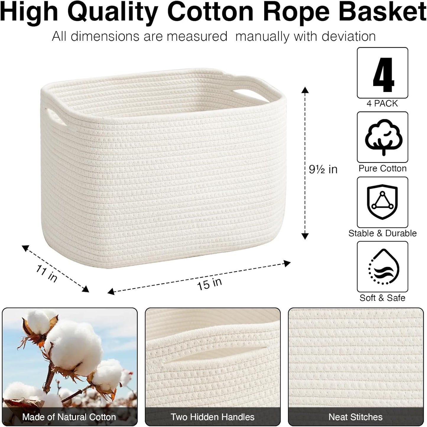 Storage Baskets for Organizing & Shelves, Woven Cotton Rope Organization Bins for Dog Toys, Clothes, Books, Nursery Organizer, 15" Lx11''Wx9.5''H, (4 Packs) Off White