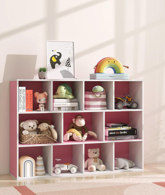 11-Cube Pink Kids Bookshelf and Toy Organizer – Wooden Storage Shelf for Girl’s Room and Nursery, Ideal Gift for Toddlers and Preschoolers