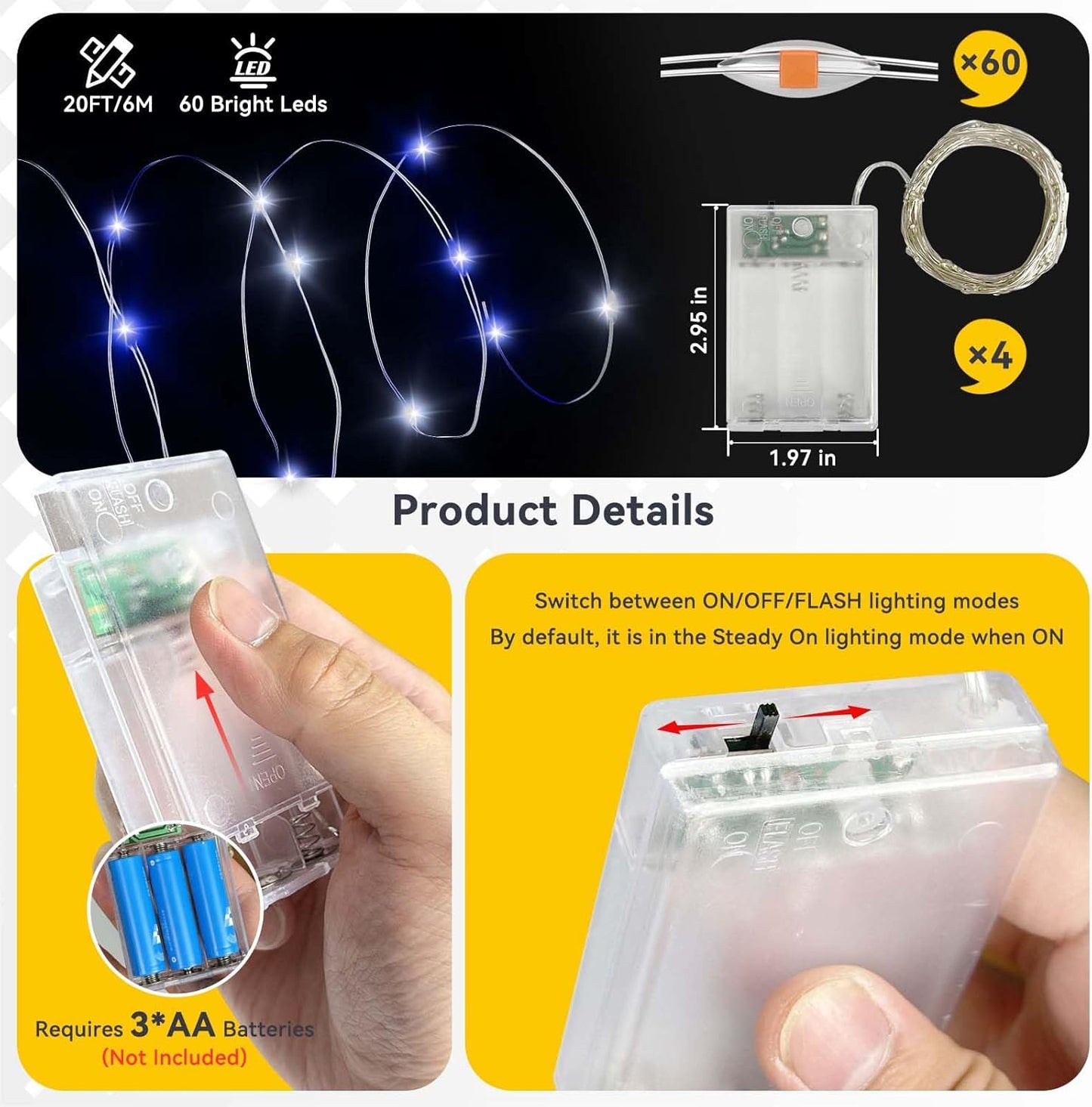 4 Pack 60LED Christmas Fairy Lights Battery Operated - 20FT Twinkle Lights with 2 Lighting Modes Indoor, Waterproof Led Fairy String Lights for Bedroom, Classroom, Dorm, DIY Decor, Blue & White