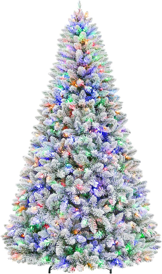 6ft Lighted Artificial Christmas Tree, 250 Multicolor LED Lights, Snow Flocked Christmas Tree with 1032 PVC Tips, Metal Base & Hinged Branches for Holiday, 10 Modes