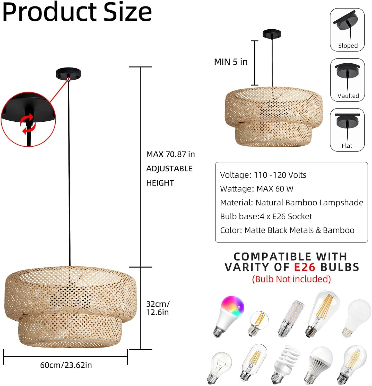 23.62" Bamboo Pendant Light,4-Light Boho Rattan Hanging Light,Hand Woven Wicker Chandelier for Kitchen Island for Kitchen Island Dining Bedroom Living Room Restaurants