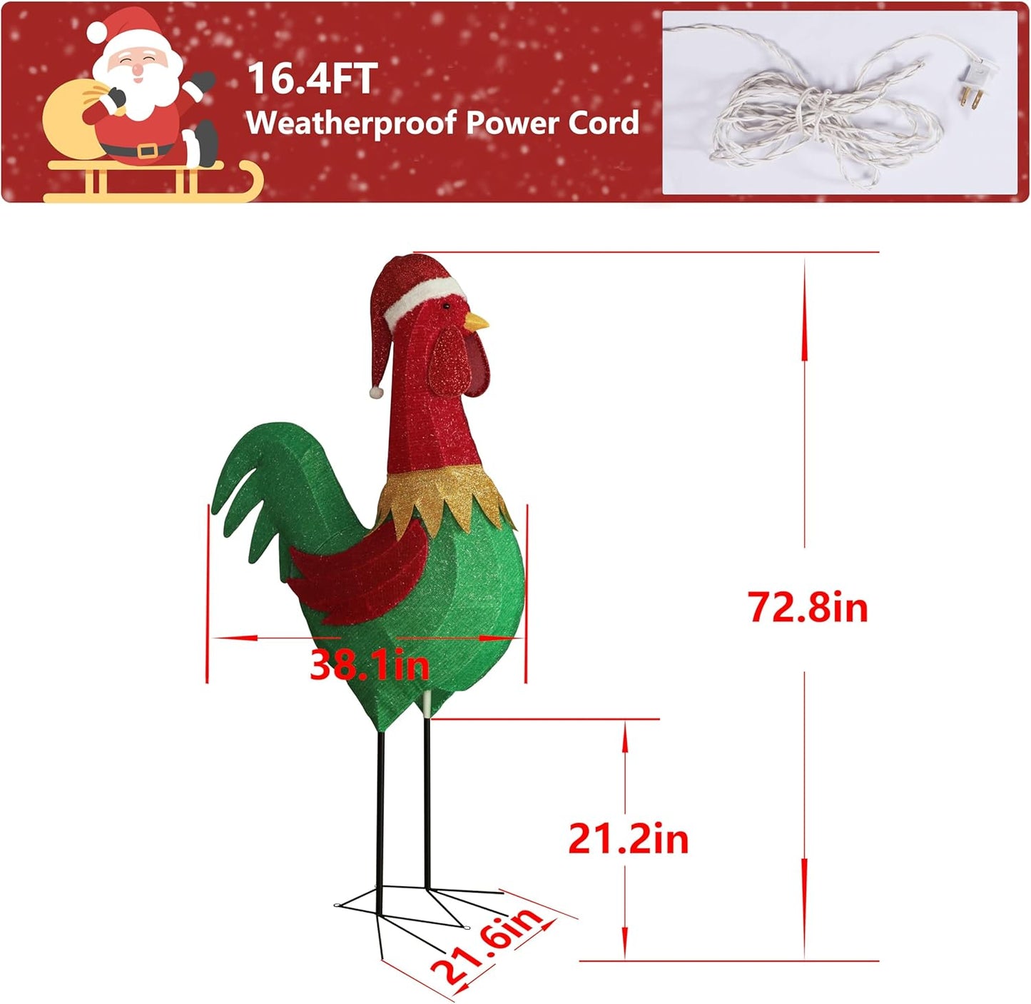 6FT Lighted Rooster with Christmas Hat for Outdoor Christmas Decorations, 3D Pre-Lit Iridescent Rooster Xmas Decor, Glittered Standing Holiday Display Rooster for Outdoor, Indoor