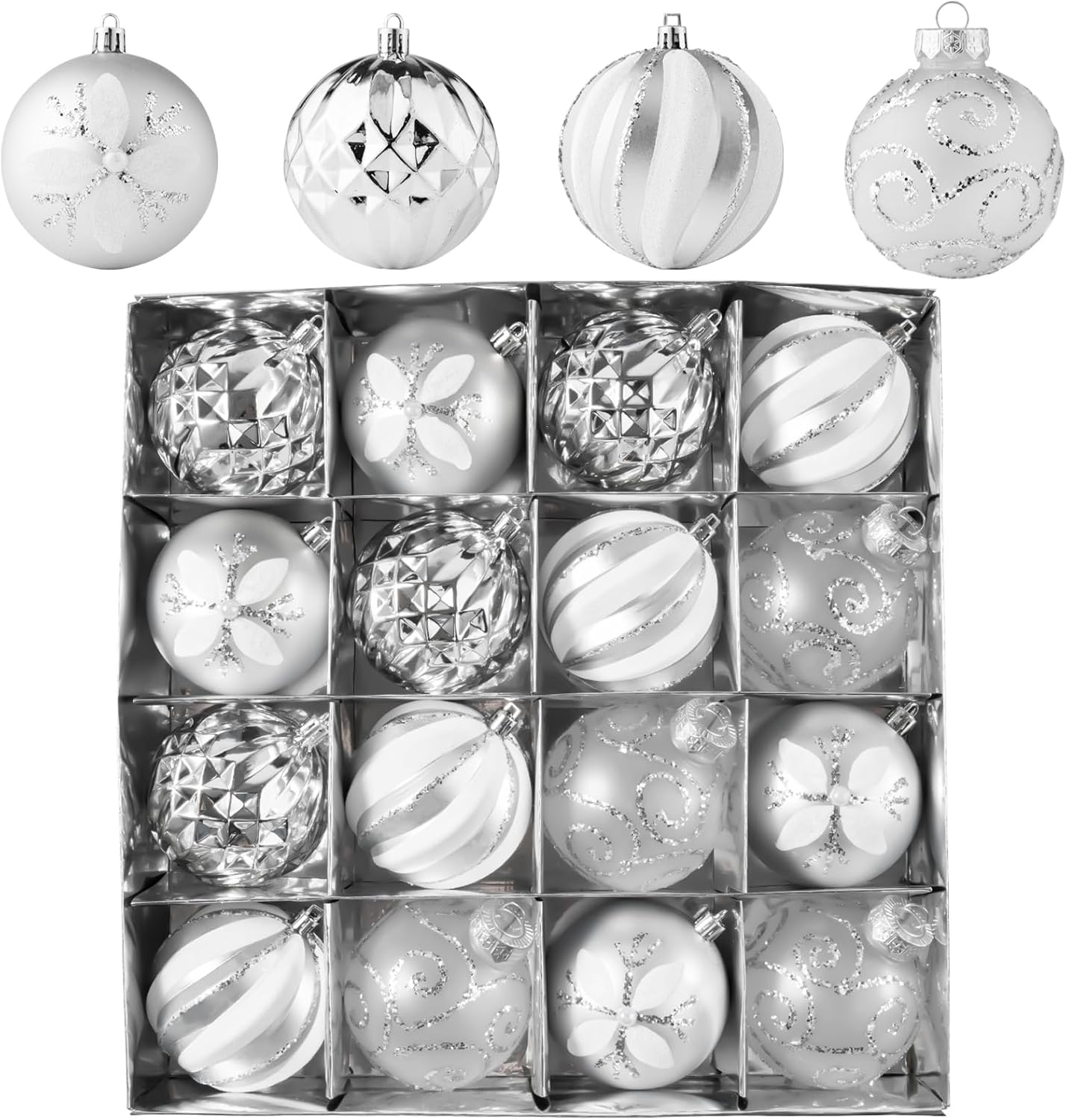 16Pcs Christmas Ball Ornaments Set, 3.15" Shatterproof Christmas Ornaments, Luxury Glitter Hanging Ornaments for Xmas Tree, Xmas Holiday, Party, Wedding (Silver)