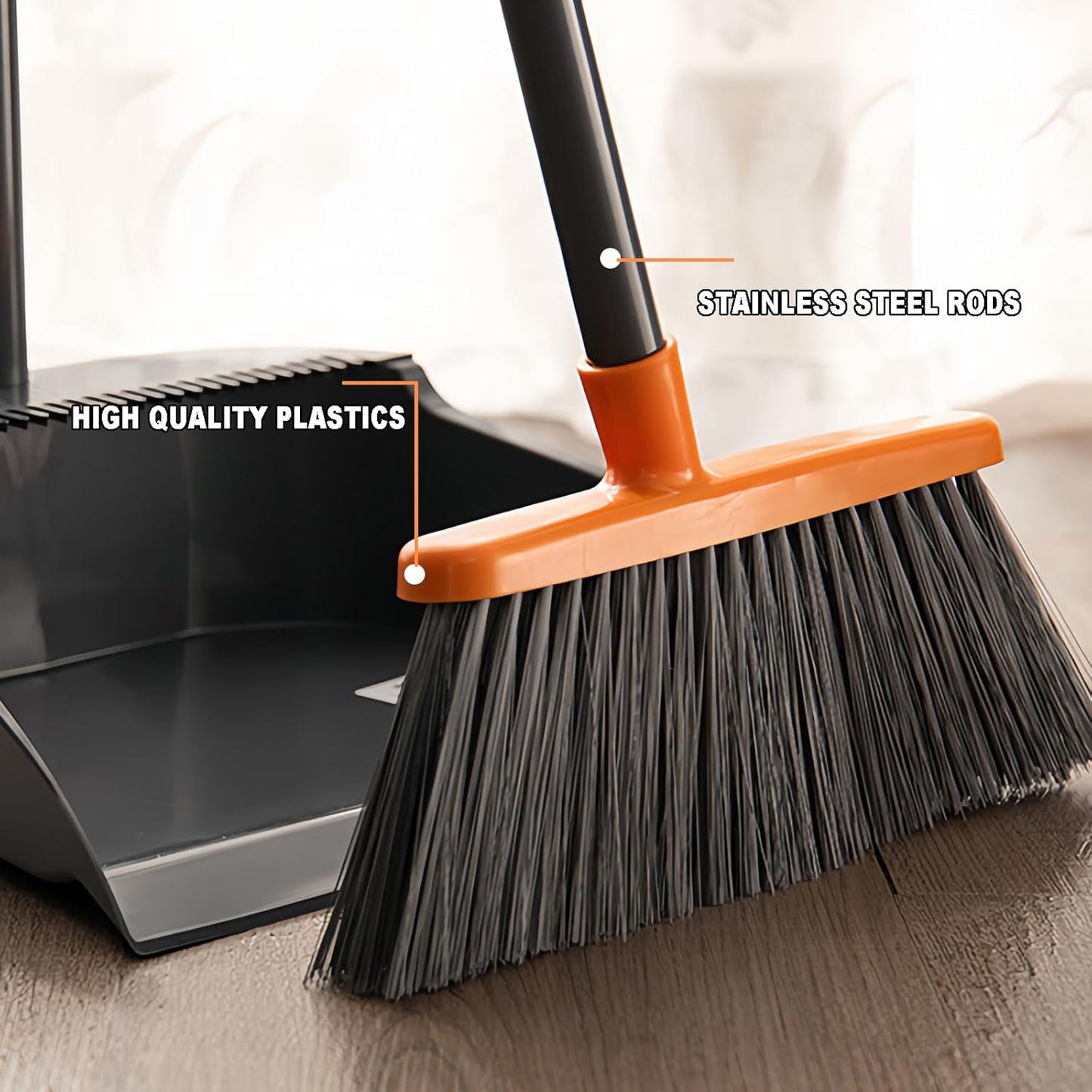 Small Broom Stiff Bristles Brush with Long Handle Indoor or Outdoor Compact Broom for Sweeping Patio Garage Garden,Deck,Concrete Floor,Bathroom (Orange)