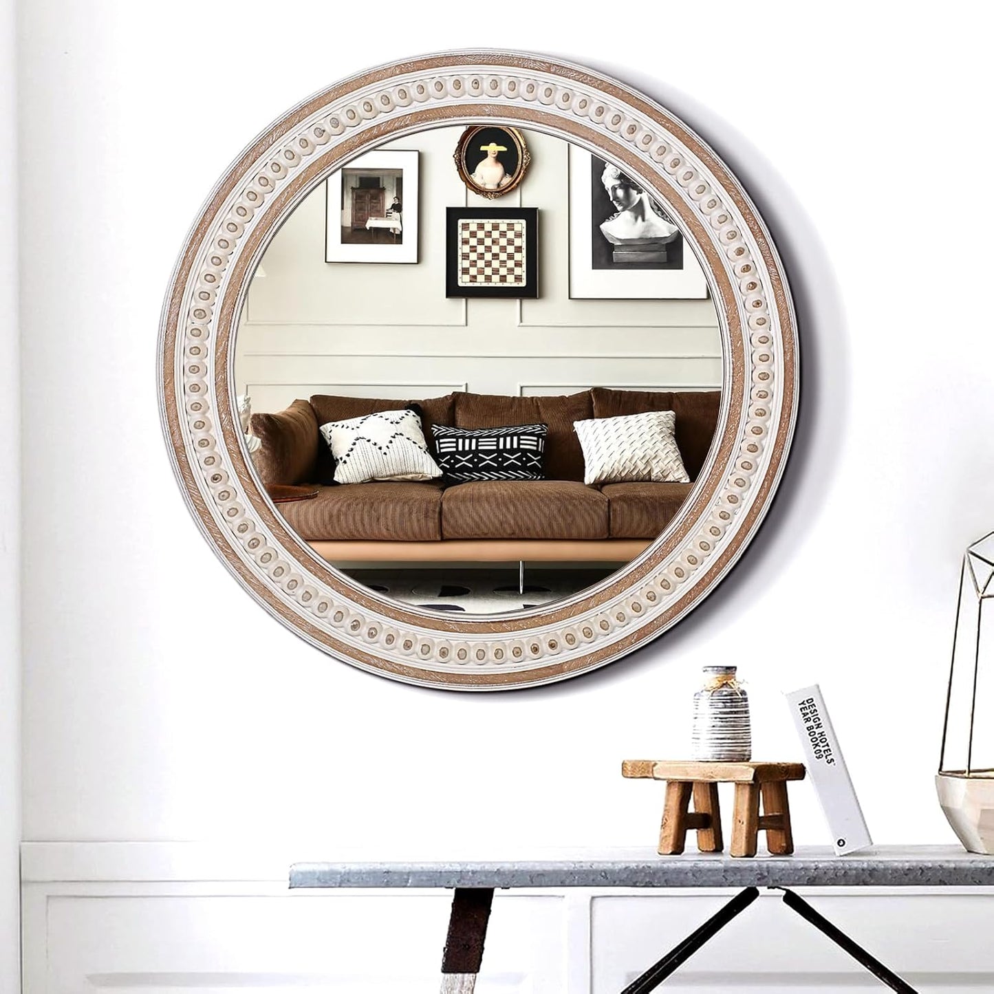 32'' Boho Wooden Large Round Wall Mirrors, Rustic Farmhouse Circle Mirrors Decorative for Bathroom, Bedroom Over Sink, Living Room, Entryway