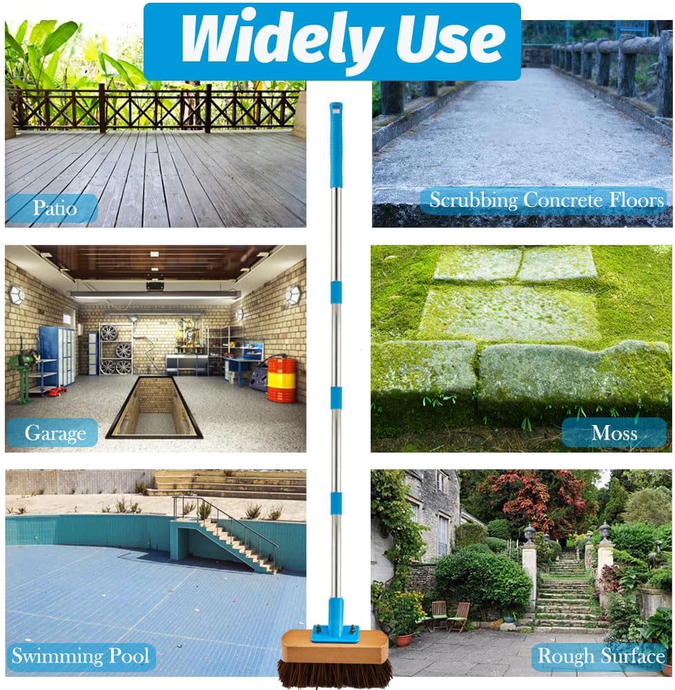 Heavy Duty Deck Brush with Long Handle - 60" Floor Scrub Brush with Stiff Natural Palmyra Bristles, Outdoor Scrubber Brushes for Cleaning Rough Surface, Concrete Floor, Patio, Garden, Sidewalk