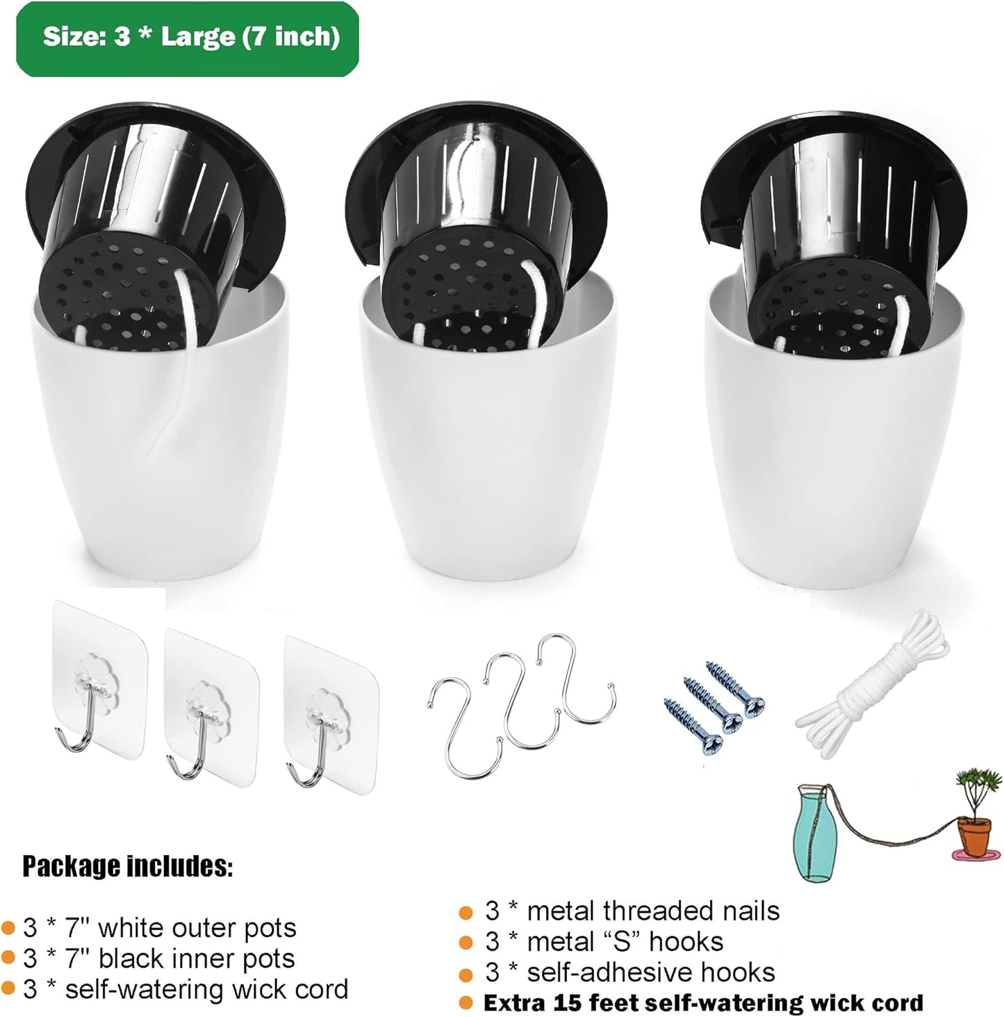 3 Pack Self Watering Wall Hanging Planter Pots Vertical Garden Window Hang Mount Indoor Outdoor Plant Flower Basket for Kitchen Herbs Balcony Railing Shelf Fence Bedroom Trellis Decor Modern White Box