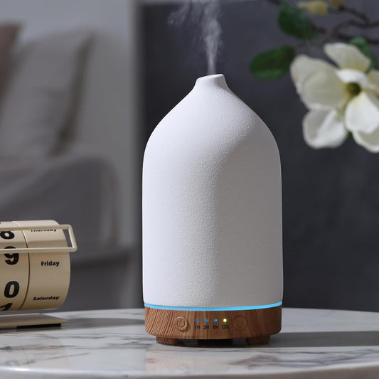 200ML Ceramic Essential Oil Diffuser - Ultrasonic Aromatherapy & Humidifier with 7-Color LED Lights, Auto Shut-Off, Wood Grain Base, 1H/3H/6H Timer | Scent for Home, Office, Yoga