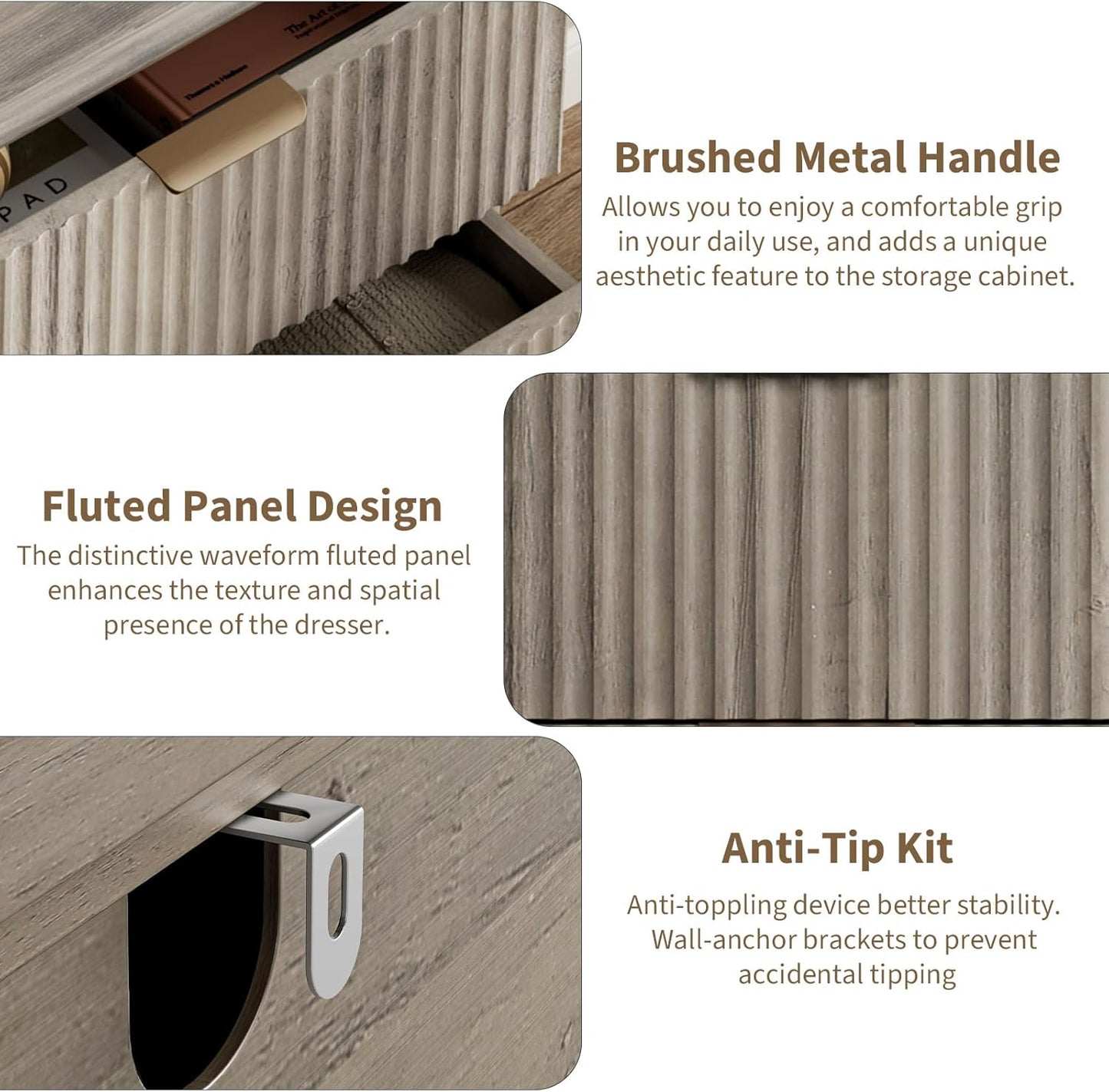 QUW Fluted Dresser for Bedroom with 6 Drawers, 47.2" Wide Modern Chest of Drawers with Metal Handle, Wooden Dresser TV Stand and Closet Clothes Storage Organizer for Living Room, Hallway, Grey