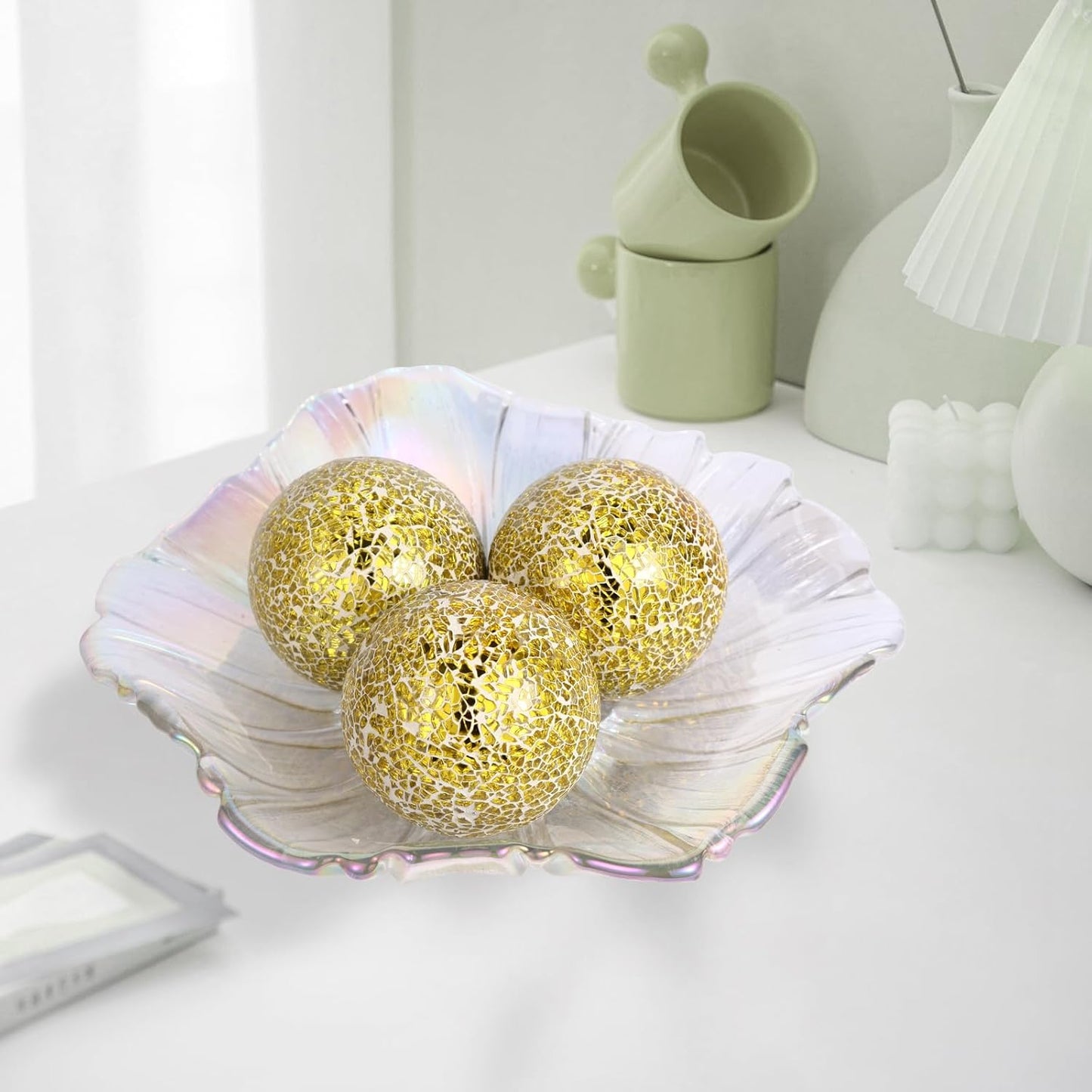 6Pcs Decorative Ball for Bowls, 8cm/3.15inch Mosaic Glass Centerpiece Decoration Balls Mirror Glass Ball Fillers for Home Decor Dining Tables Wedding Party (Golden)