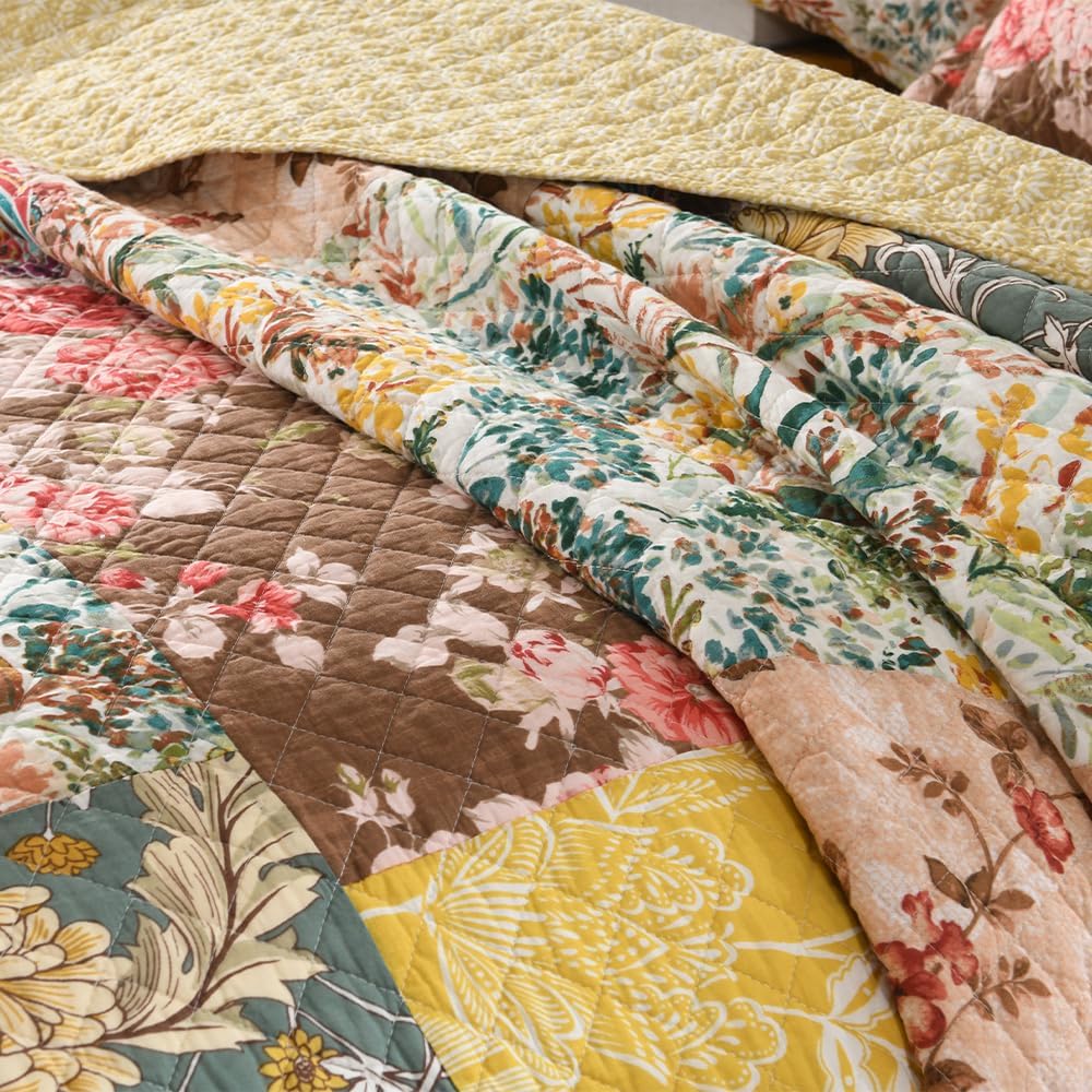 Autumn Dream Cotton Bedspread Quilt Sets Reversible Bedding Coverlet Sets, Luxury Vintage Floral Patchwork Yellow Bedspread,Queen Size