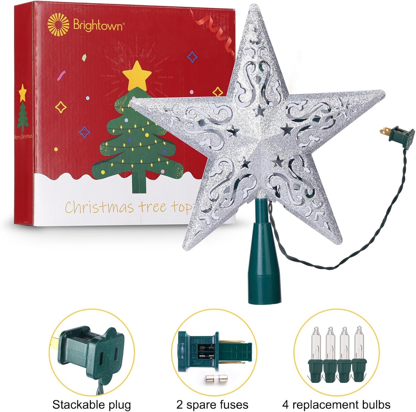 8" Silver Glittered Hollow Christmas Star Tree Topper with Built-in 10-Bulb String Lights and 2 Fuses for Holiday Decor, Green Base