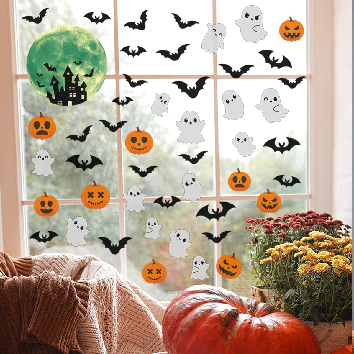 6 Sheets Halloween Window Clings Halloween Window Stickers Double-Sided Removable Castle Pumpkin Ghost Bat Window Decals Decor for Scary Halloween Theme Party Decorations