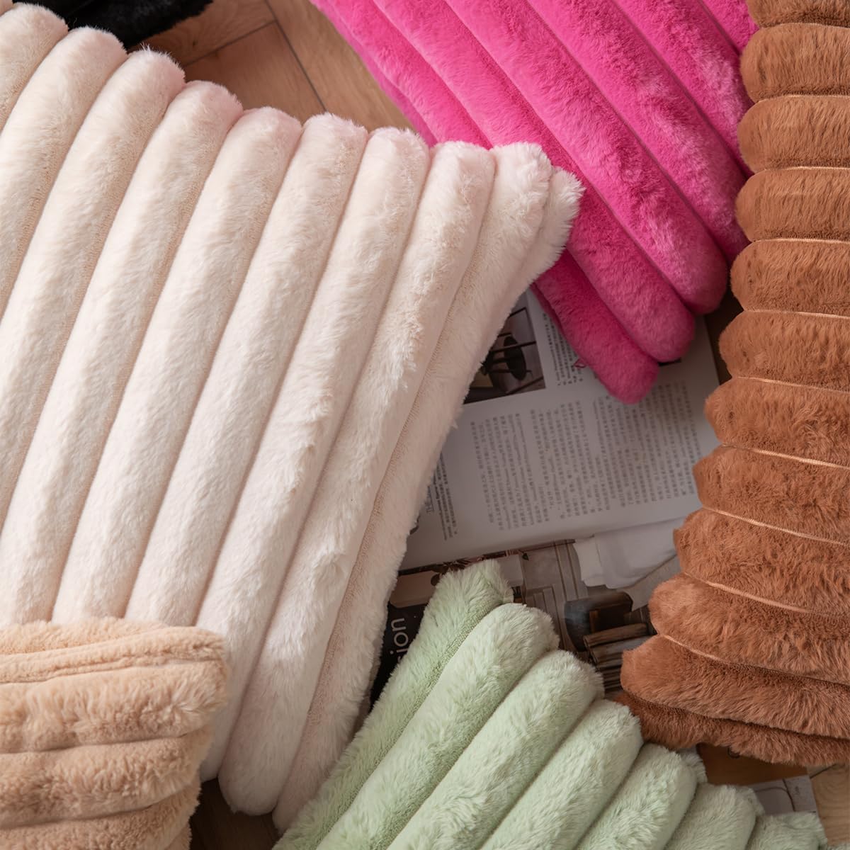 DEELAND Pack of 2,Double-Sided Faux Fur Plush Decorative Throw Pillow Covers Fuzzy Striped Soft Pillowcase Cushion Covers for Sofa Couch Bedroom Beige 22x22 inch