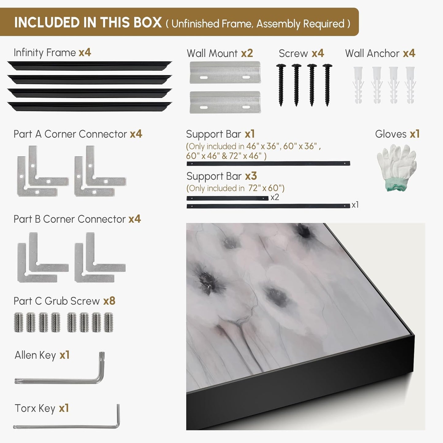 46"x60" Extra Large Framed Wall Art Soft White Poppies Watercolor Floral, Delicate Botanical for Home Living Room Bedroom Decor (Frame Assembly Required)