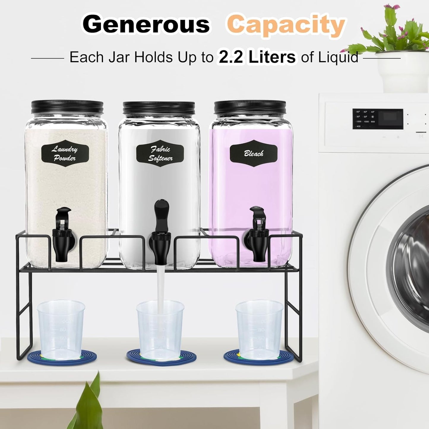 3-Pack 2.2L Glass Laundry Detergent Dispenser Set with Stand - Premium Liquid Soap Dispenser with PP Spigots, Measuring Cups, and Chalkboard Labels for Laundry Room Organization and Storage
