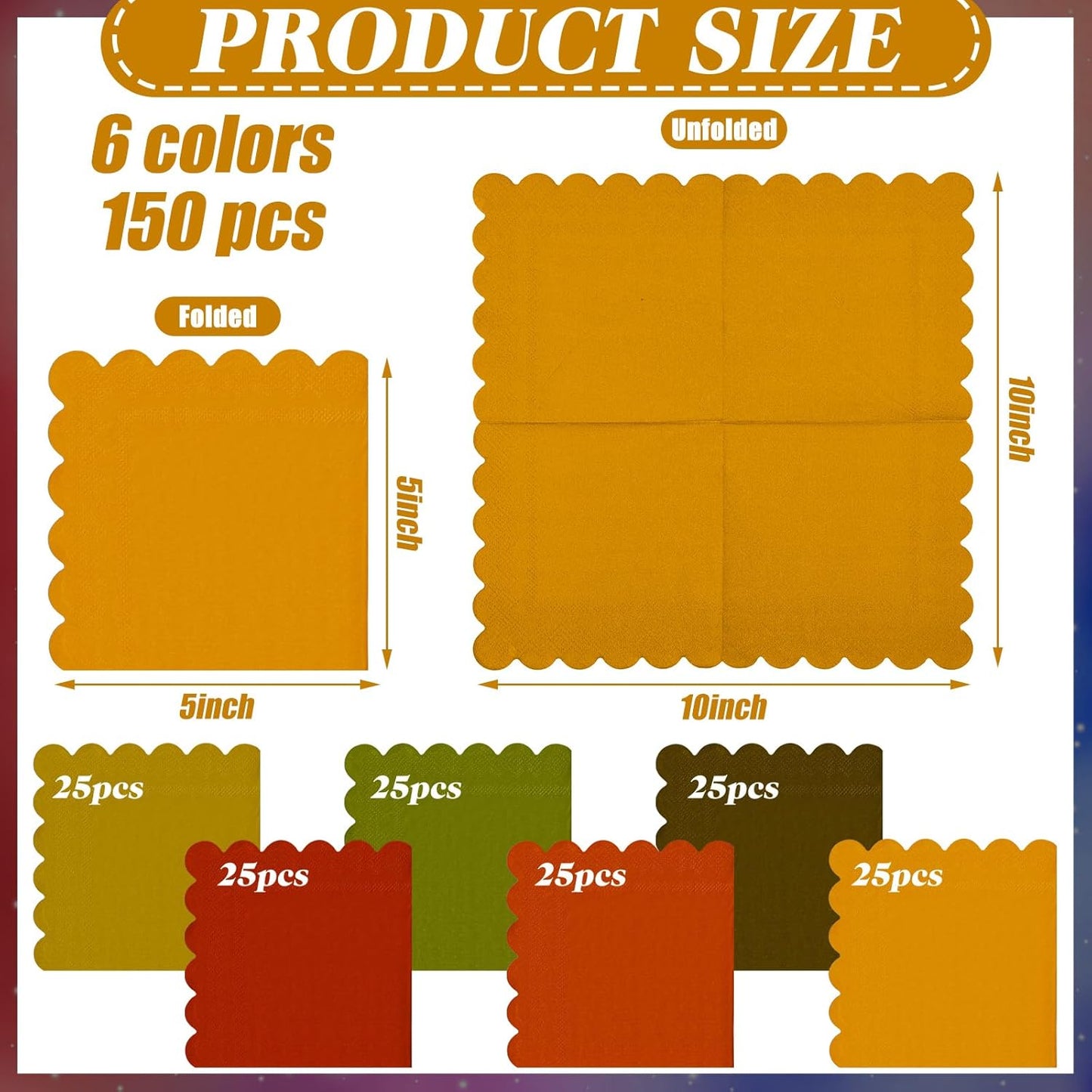 150 Pcs 5 x 5 Inches Fall Thanksgiving Paper Napkins Scalloped Cocktail Napkins Disposable Autumn Harvest Party Supplies Dessert Beverage Bathroom Table Dinner Wedding Decor