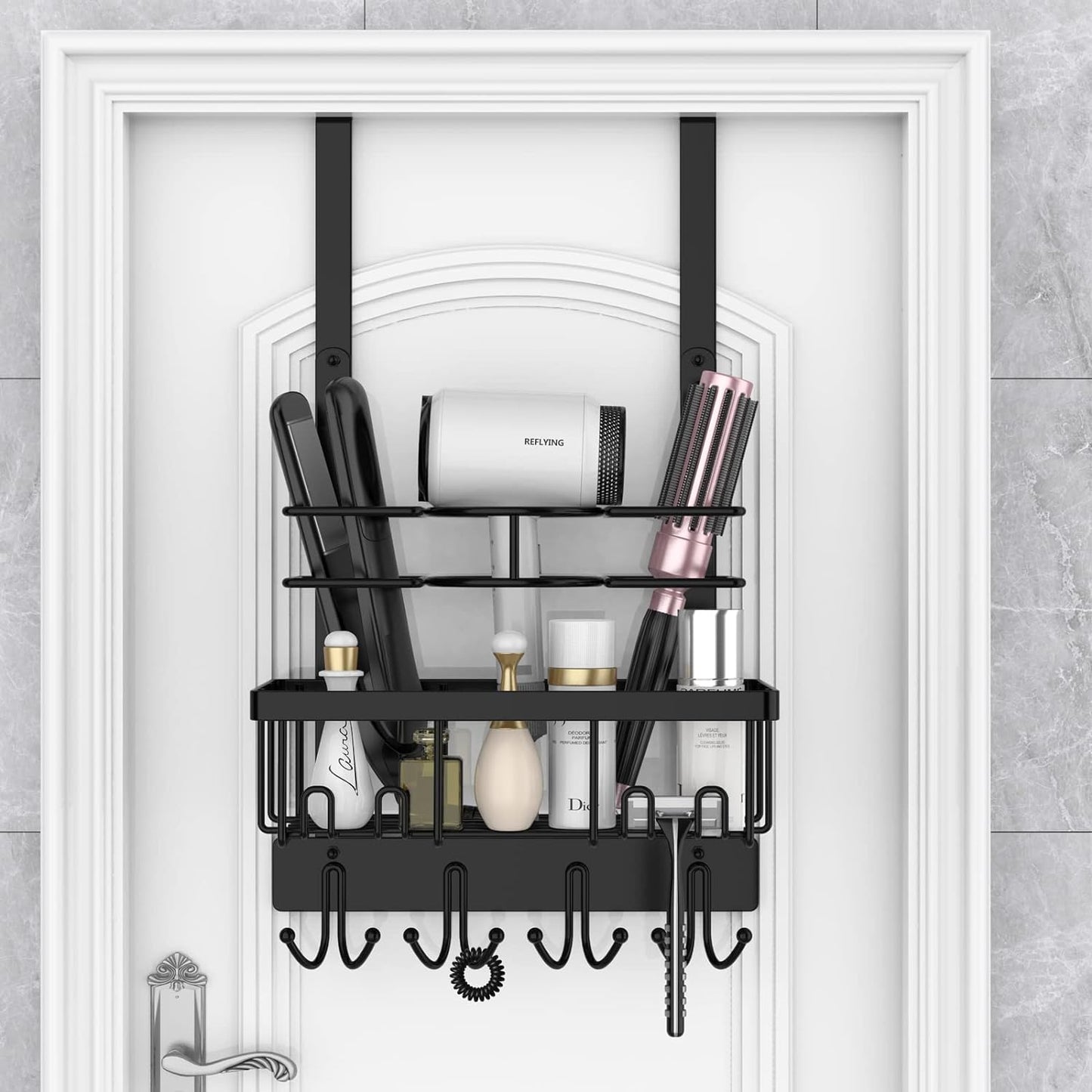 REFLYING Over-the-Door Hairdryer and Styling Tool Organizer, Metal, Black, 3 Compartments, 8 Hooks, 15"H x 10"W x 4.7"D
