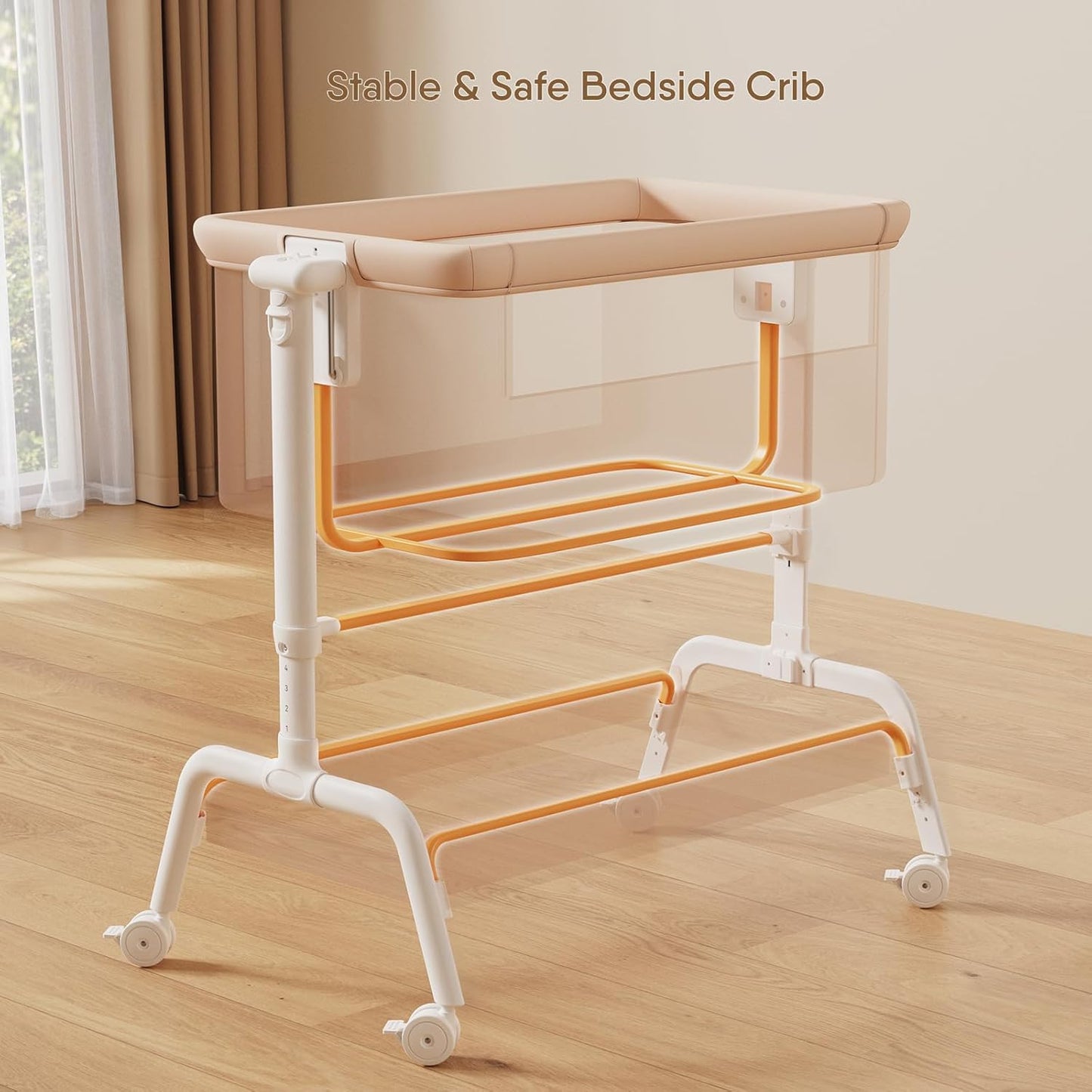 3-in-1 Baby Bassinet, Rocking Bassinet, Bedside Bassinet for Baby, Stable and Secure Bassinet Bedside Sleeper for Newborn & Infant, 6 Height Adjustable with Wheels, Mattress & Breathable Mesh (Khaki)