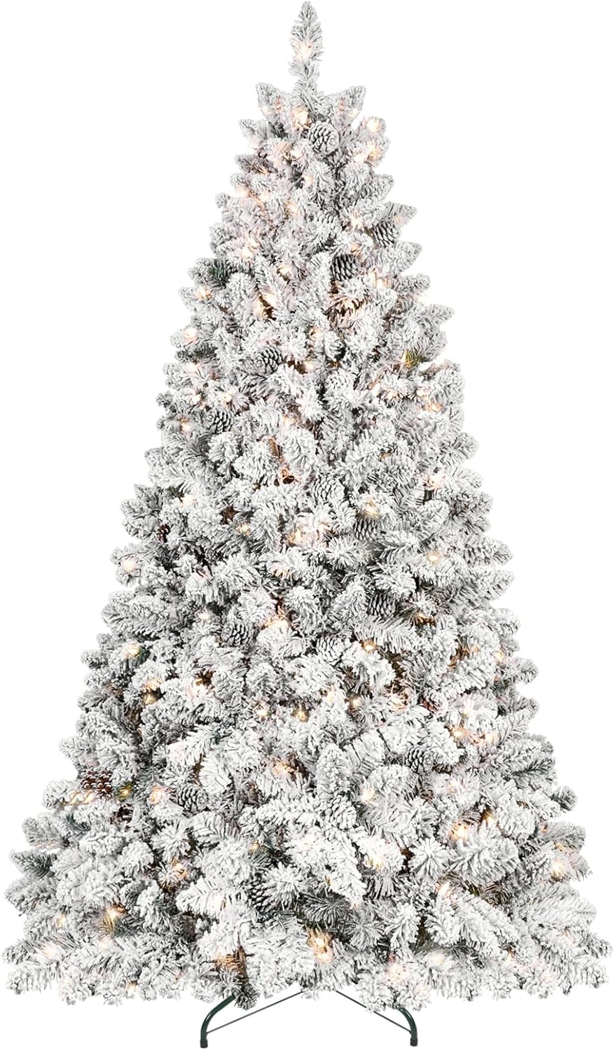 6ft Pre-lit Christmas Tree, Flocked Christmas Tree with 350 UL Lights & Pine Cones & 888 Tips, Snow Frosted Artificial Christmas Tree Prelit, Auto Hinged Spruce Xmas Tree for Holiday Decor