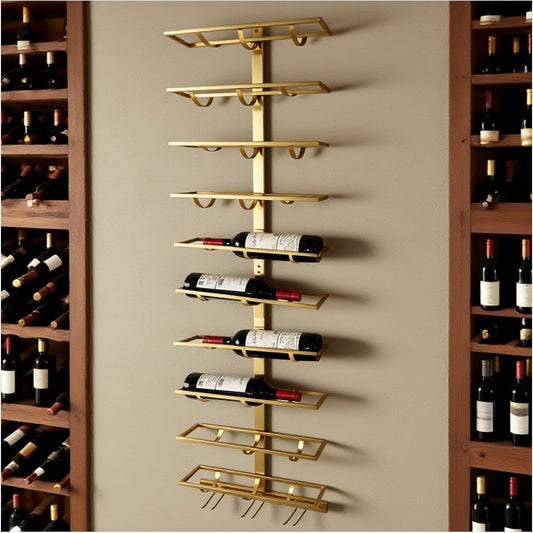 10 Bottle Wall Mount Wine Rack with Wine Glass Holder, Metal Wine Wall Rack, Wall Racks for Wine Bottles Display and Storage, Hanging Bottle Organizer for Living Dining Room Wine Cellar Bar (Gold)