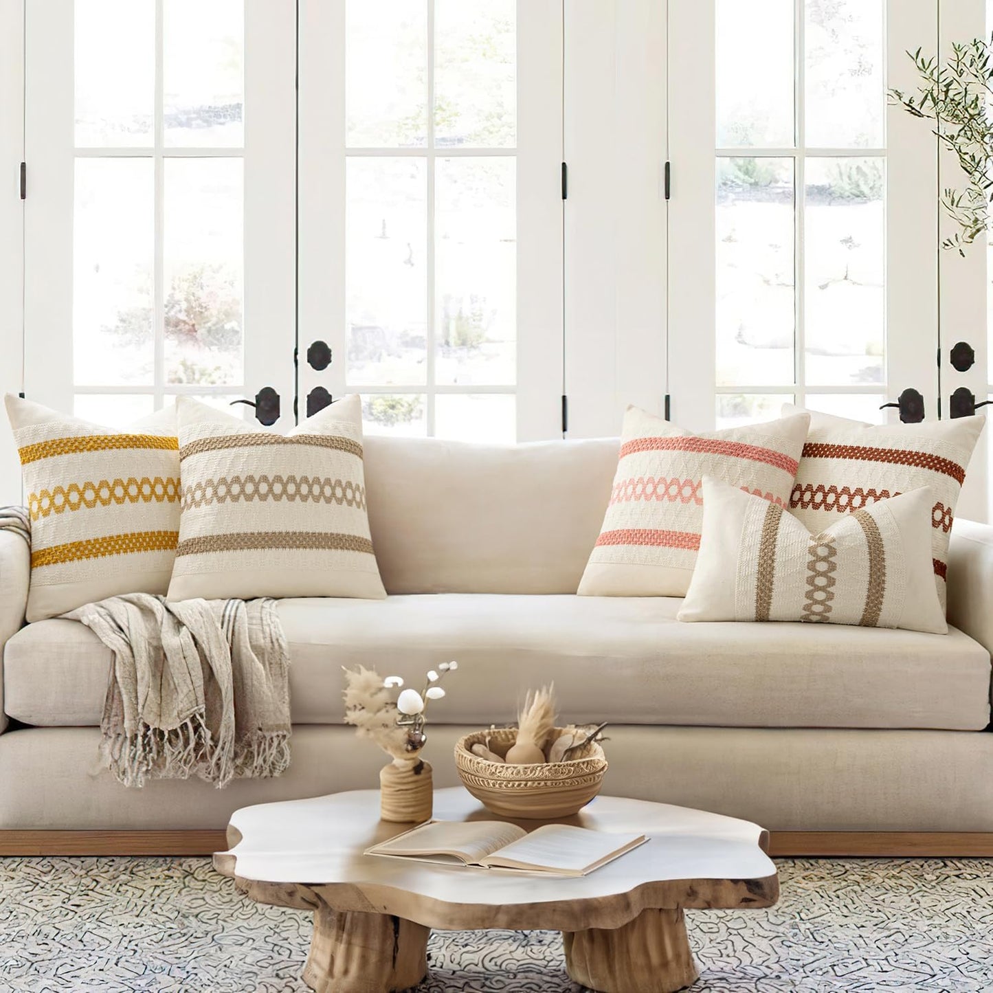 MIULEE Set of 2 Neutral Boho Decorative Lumbar Pillow Covers 12x20 Inch Farmhouse Rustic Couch Throw Pillows Modern Cotton Cushion Covers Retro Cute Macrame Woven Home Decor for Bed Sofa Chair