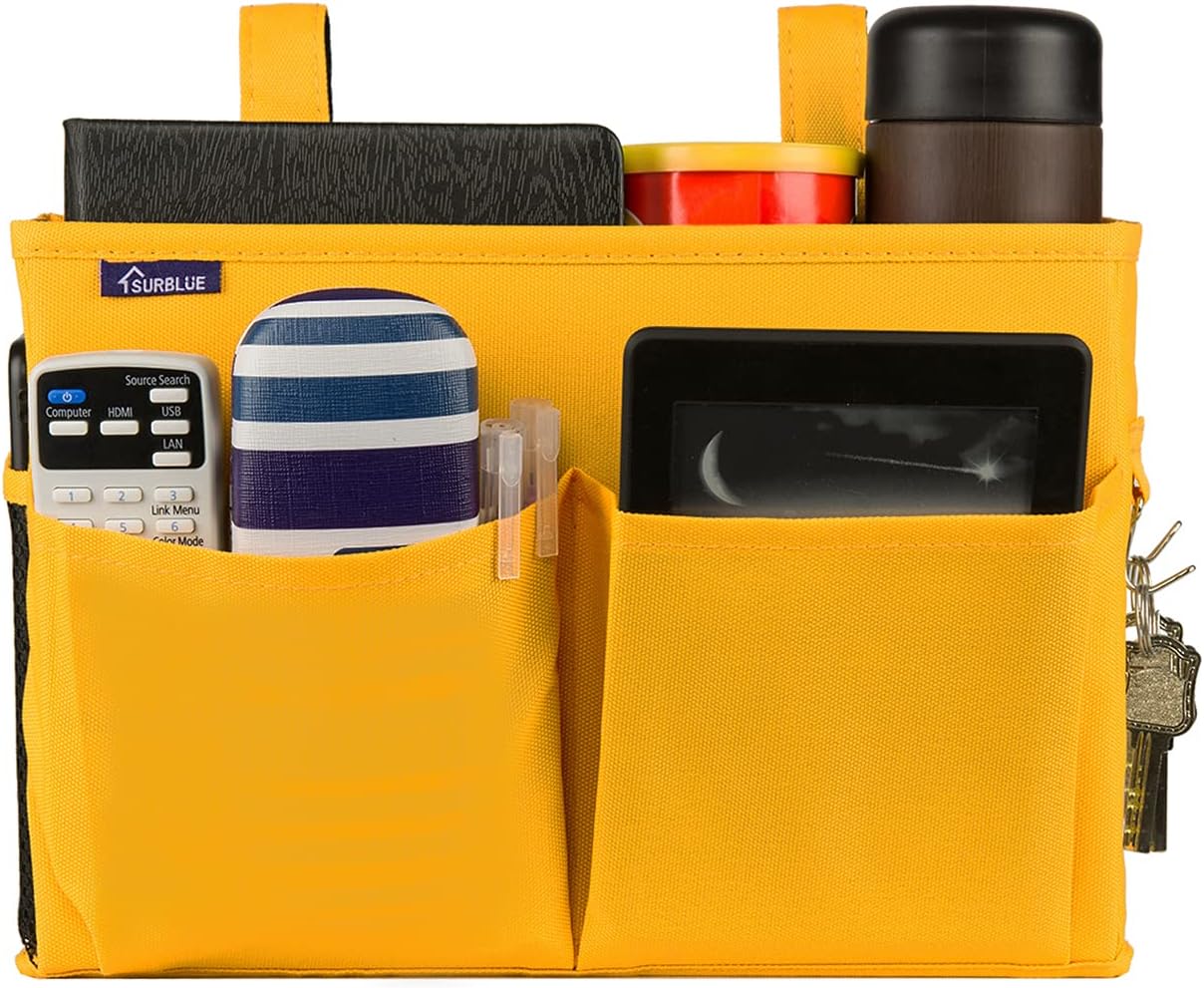 Surblue Bedside Caddy Hanging Bed Organizer Storage Bag Pocket for Bunk and Hospital Beds, College Dorm Rooms Baby Bed Rails, Camp 4 Pockets and 2 Hooks (Small, Yellow)