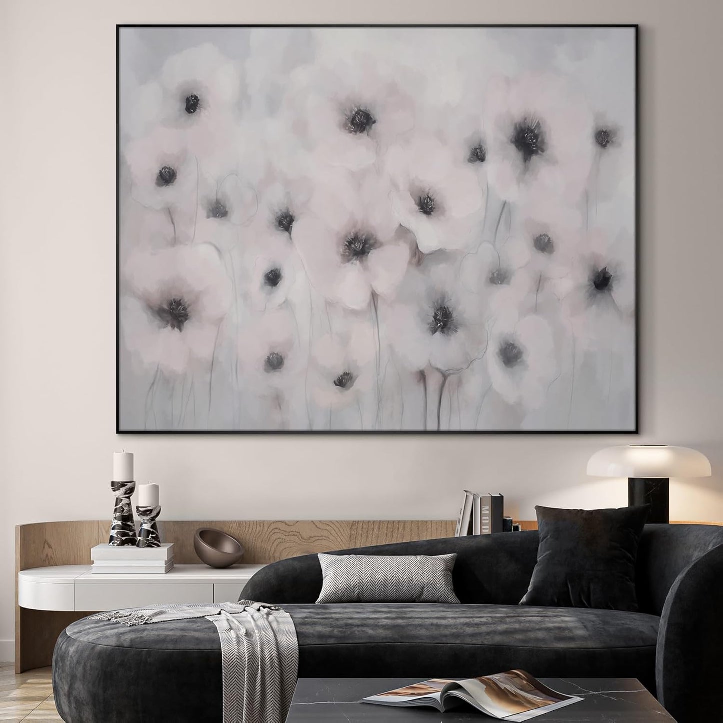 36"x46" Extra Large Framed Wall Art Soft White Poppies Watercolor Floral, Delicate Botanical for Home Living Room Bedroom Decor (Frame Assembly Required)