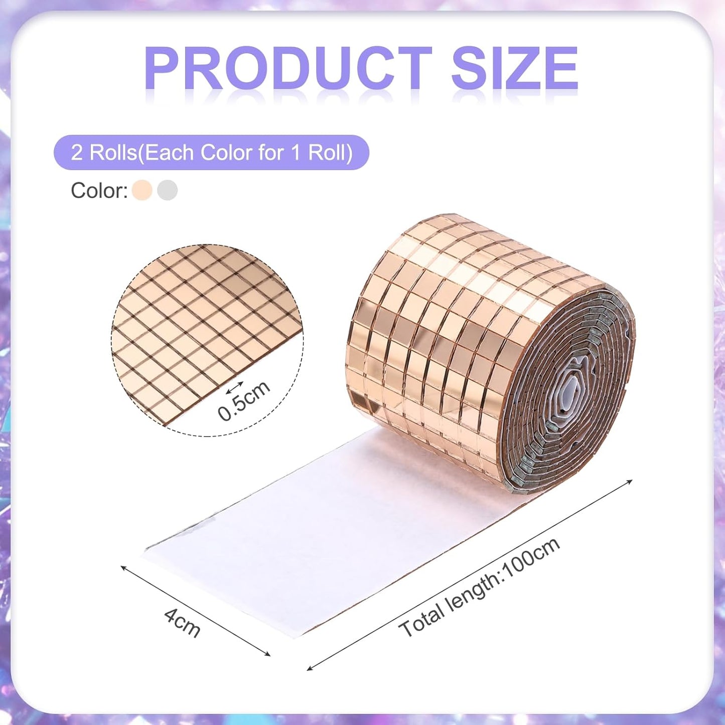 MECCANIXITY Self Adhesive Glass Mirror Mosaic Tiles 3200 Pcs 5 x 5 mm Disco Tiles for Craft Decoration Glass Mirror Disco Ball 2 Rolls (Rose Gold/Silver)