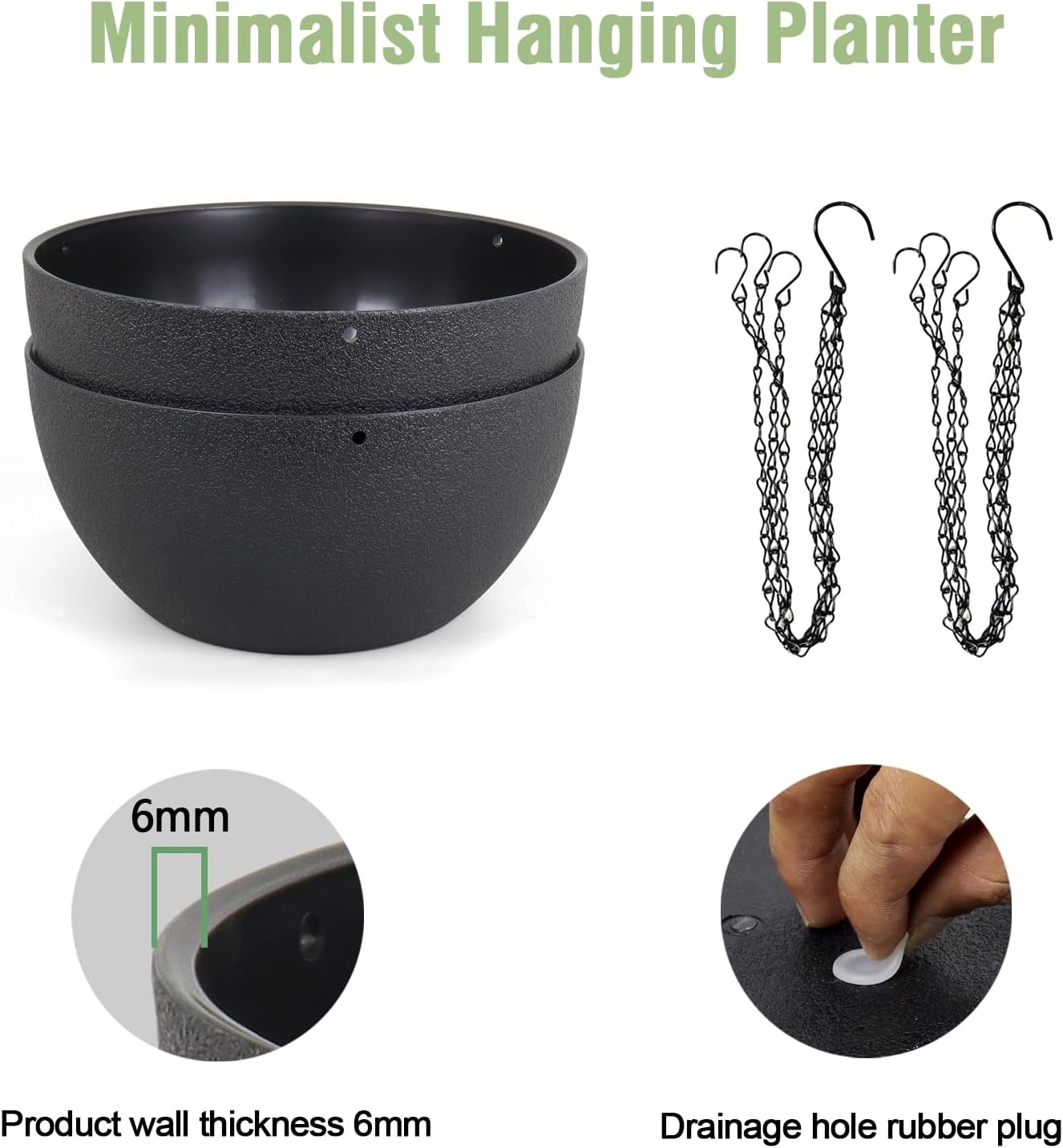 8 inch Small Hanging Planters Plant Pots for Indoor Outdoor Plants, 2 Pack Hanging Flower Pots with Drainage Holes and Chain for Garden Porch, Plastic Hanging Baskets for House Plants, Black