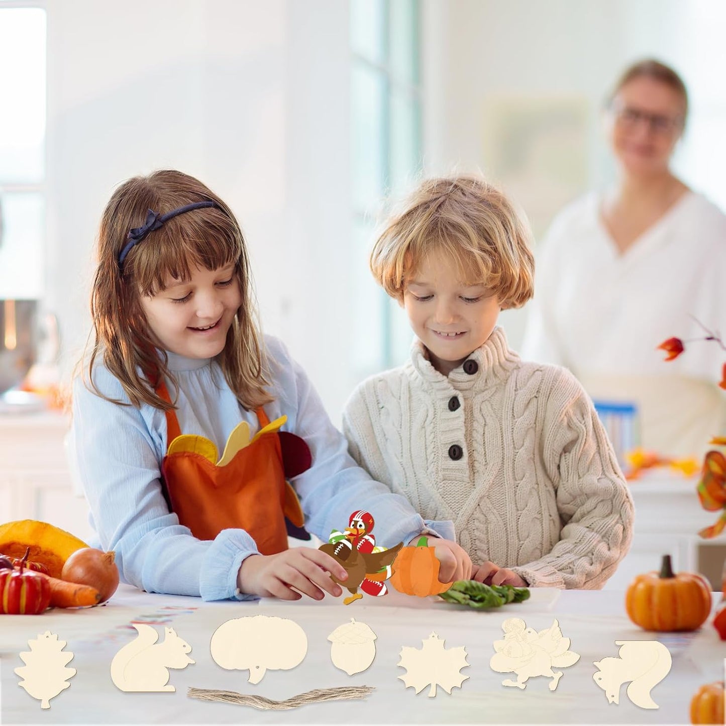 24 PCS Unfinished Wooden Thanksgiving Crafts, Pumpkin Turkey Shaped Hanging Ornaments DIY Wood Craft Cutouts for Thanksgiving Party Decor (Thankgiving)