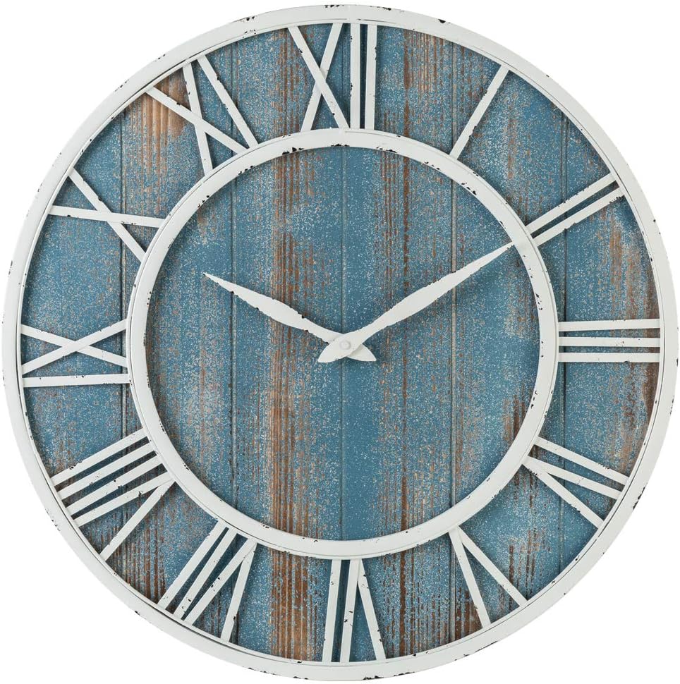 24" Coastal Wall Clock - Metal & Solid Wood Noiseless Weathered Beach Blue Wall Clock (Coastal Blue, 24-inch)