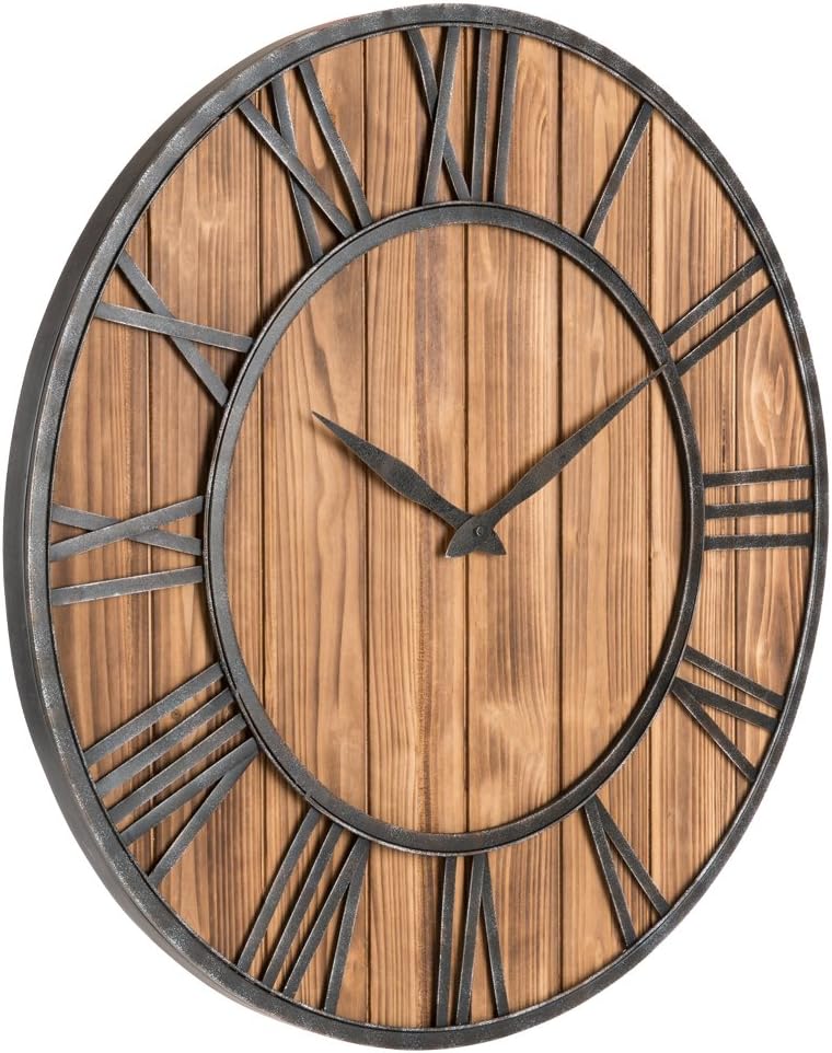Oldtown Rustic Farmhouse Metal & Solid Wood Noiseless Wall Clock (Wood, 30-inch)