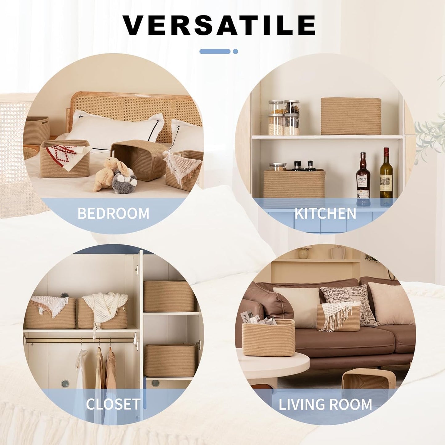 4 Pack Storage Baskets for Organizing, Woven Baskets for Shelves - Perfect for Toys, Books, Towels, and Clothes, Durable Gift Basket Bins Toy Storage, 12.7''L x9''W x7.8''H, Jute