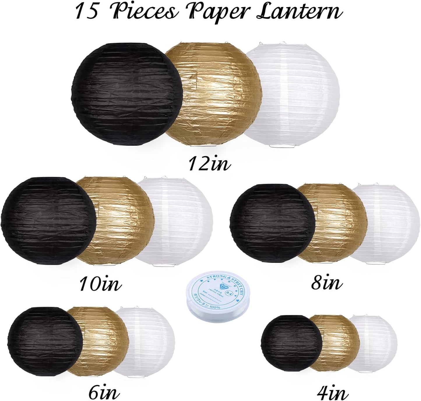 15pcs Paper Lanterns Black Gold Round Hanging Chinese Paper Lanterns 4" 6" 8" 10" 12" for Bachelorette Engagement Wedding Baby Bridal Birthday Party Decorations