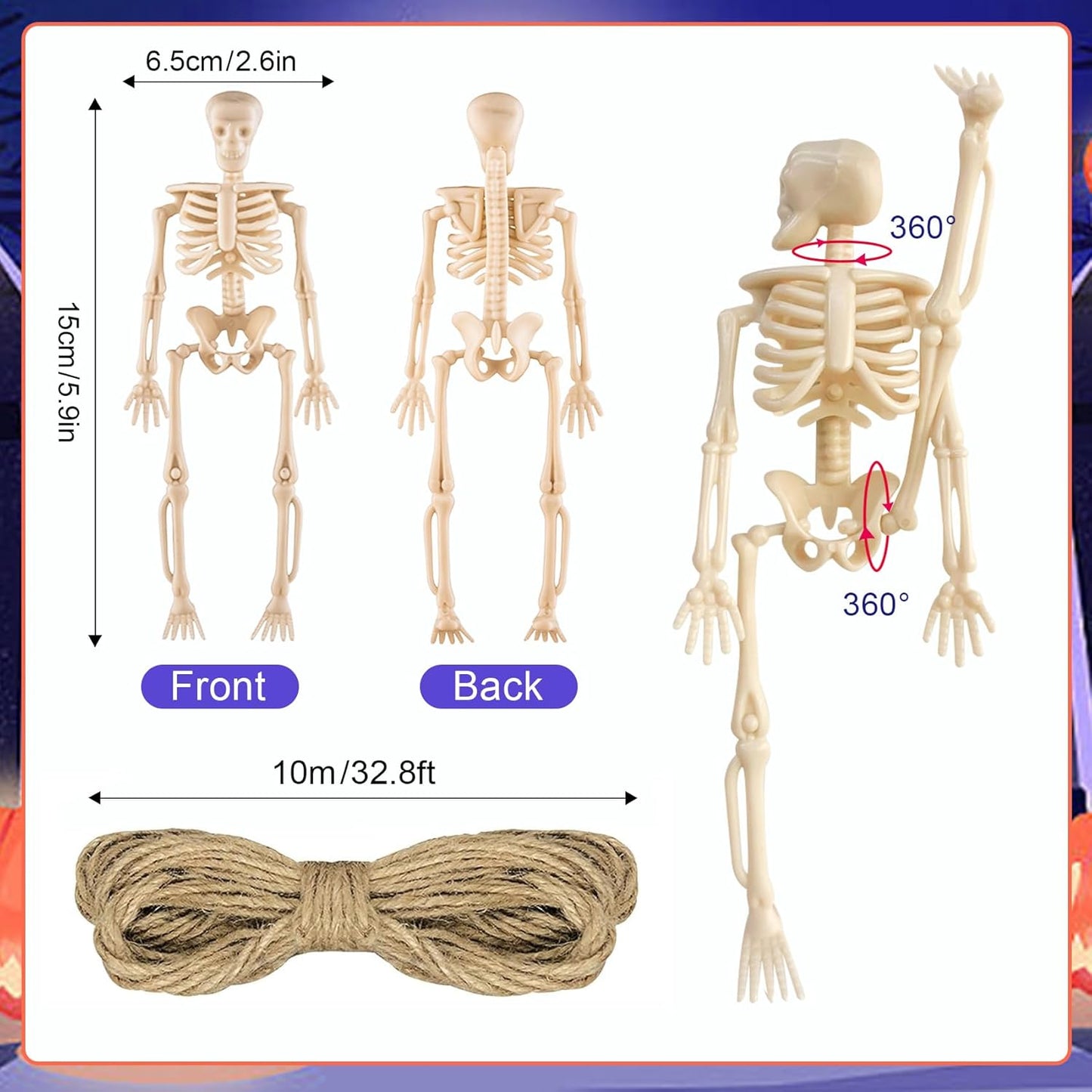24 Pcs mini skeleton halloween decoration With hemp rope，6”small plastic posable halloween tiny skeleton figurines decor for Halloween Indoor Outdoor Graveyard Decor Haunted House Party Favors