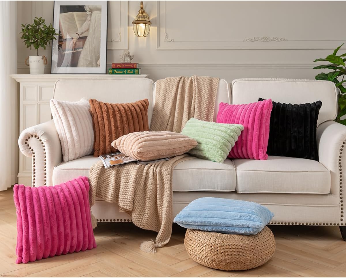 DEELAND Pack of 2,Double-Sided Faux Fur Plush Decorative Throw Pillow Covers Fuzzy Striped Soft Pillowcase Cushion Covers for Sofa Couch Bedroom Black 16x16 inch