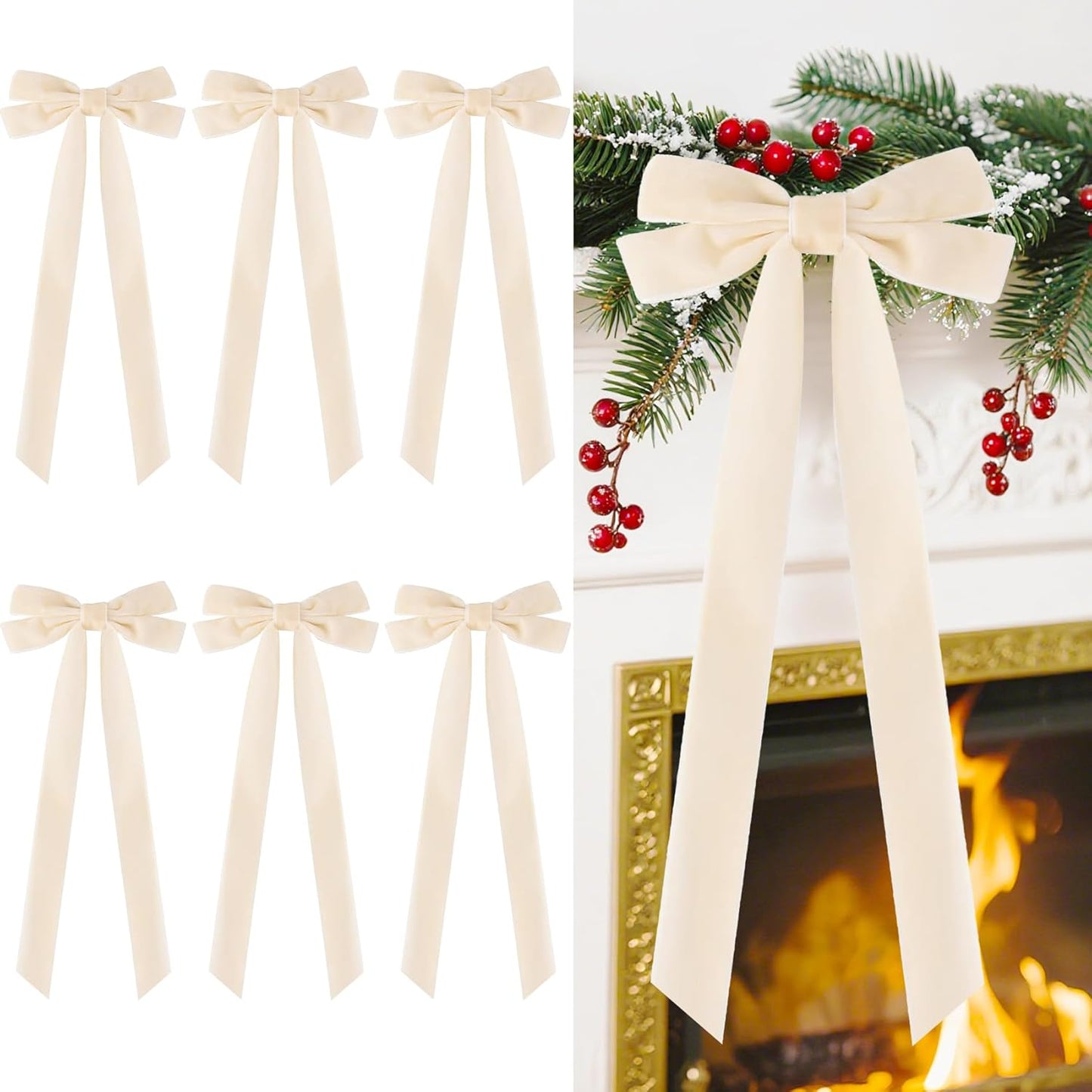 Senjie Velvet Large Christmas Bows for Staircase Garland Wreath, 20in x 8in Vintage Ribbon Bows with Twist Tie for Xmas Tree Holiday Indoor Outdoor Decorations (6Pcs, Beige)